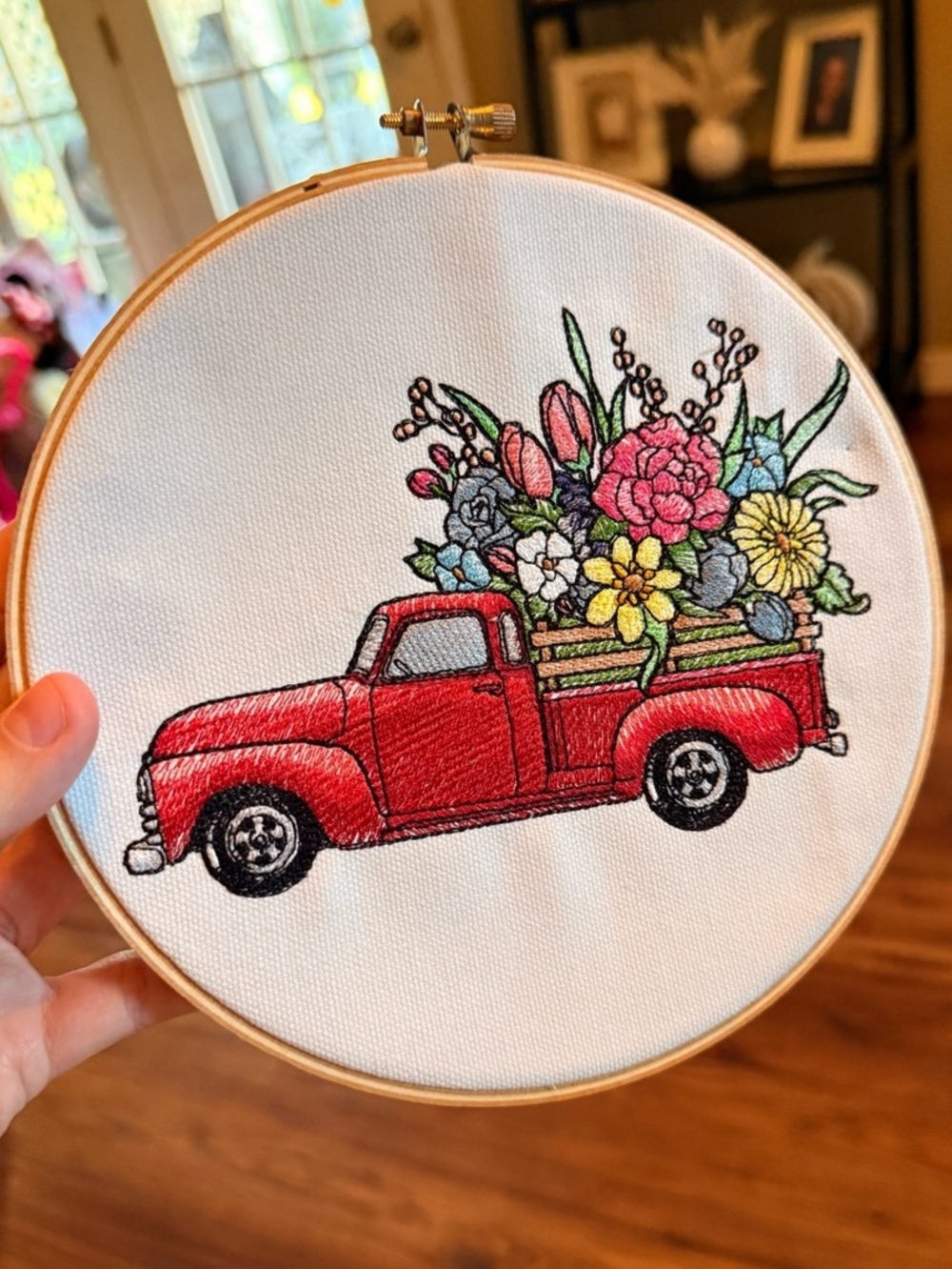 Vintage Red Farm Truck Floral Embroidery Hoop Wall Art Cottagecore Farmhouse 8"